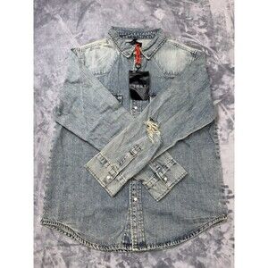 THRT Button Up Strauss Denim Jacket Size Large Distressed Pearl Buttoned NWOT
